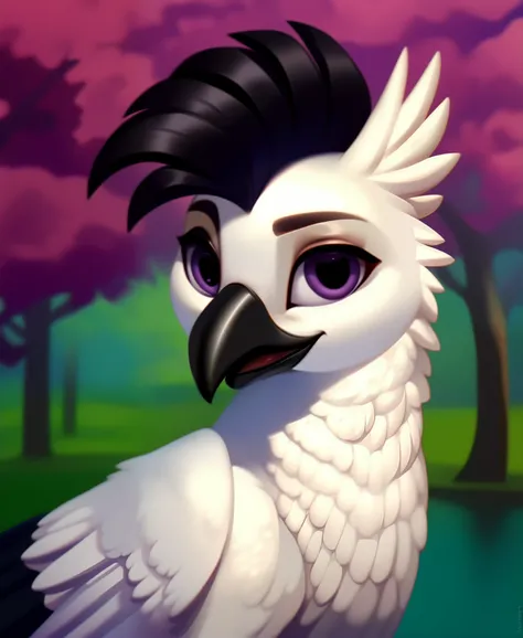 rating_safe, score_9, (feral griffon), female, white body, dark purple eyes, black hair, folded wings, mohawk, looking at you, black eye shadow, digital artwork, oil painting, soft shading, portrait