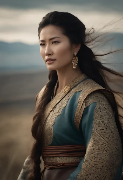 Hyper Realistic Long shot, Khutulun Mongol Princess, strong and regal, amidst the vast Mongolian steppes, gazing into the endless horizon, wind blowing through her hair, her incredible strength and resilience depicted in intricate detail --v 5 --ar 16:9 --...