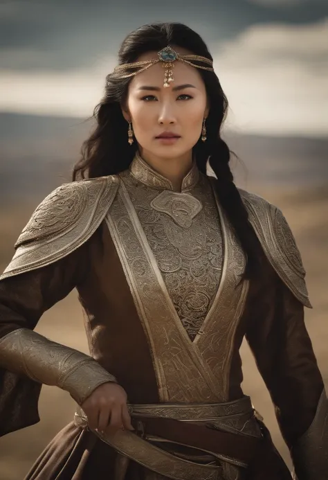 Hyper Realistic Long shot, Khutulun Mongol Princess, strong and regal, amidst the vast Mongolian steppes, gazing into the endless horizon, wind blowing through her hair, her incredible strength and resilience depicted in intricate detail --v 5 --ar 16:9 --...