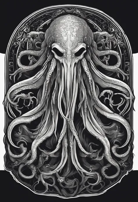 /imagine prompt: Cthulhu illustration for a sticker with a black background, in bold outline style, jagged edges, trashcore, light shading --v 5.2