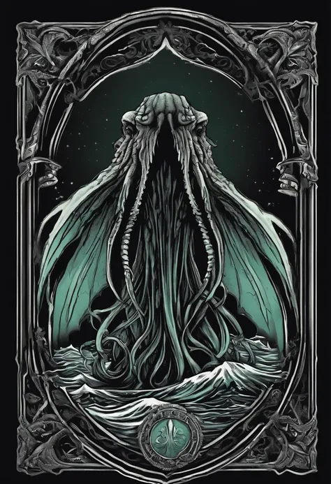 /imagine prompt: Cthulhu illustration for a sticker with a black background, in bold outline style, jagged edges, trashcore, light shading --v 5.2