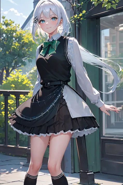 masterpiece, best quality, highres, 1girl white hair blue eyes x hair ornament,(wearing black footwear, kneehighs, green skirt, ...