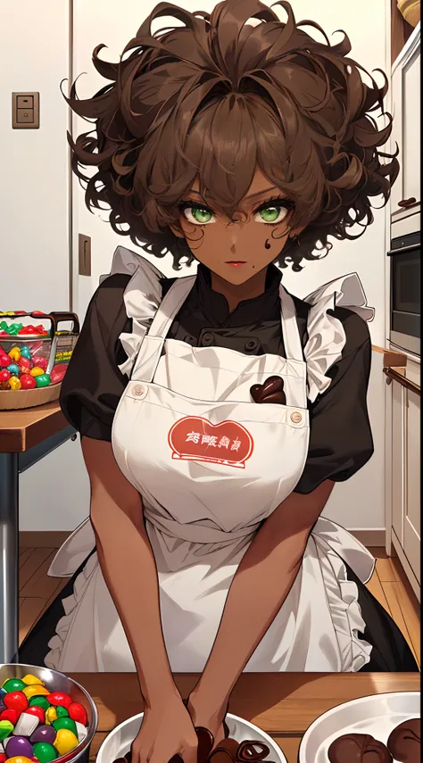 (((Masterpiece, hiquality, absurdress), 1Woman, black hair, curly hair, Afro-curly hair, Green eyes, a perfect face, the perfect body, big breastes, sports body, short stature, (((very dark skin))), 独奏, Detailed eyes and face, makeup, red-lips, apron, Cook...