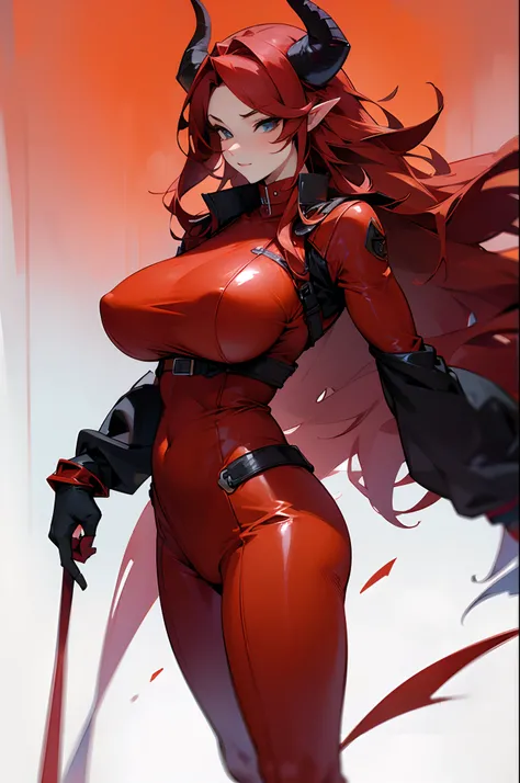 sexy, bulky body, milf, big boobs, long red hair, two horns on the head,wearing a red leather outfit, standing in front