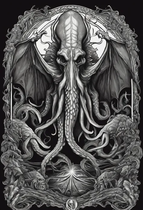 /imagine prompt: Cthulhu illustration for a sticker with a black background, in bold outline style, jagged edges, trashcore, light shading --v 5.2