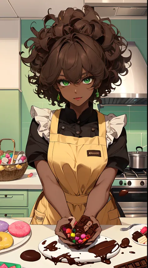 (((Masterpiece, hiquality, absurdress), 1Woman, black hair, curly hair, Afro-curly hair, Green eyes, a perfect face, the perfect body, big breastes, sports body, short stature, (((very dark skin))), 独奏, Detailed eyes and face, makeup, red-lips, apron, Cook...