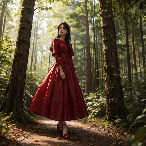 woman with red dress in forest