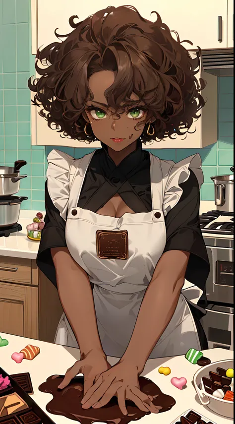 (((Masterpiece, hiquality, absurdress), 1Woman, black hair, curly hair, Afro-curly hair, Green eyes, a perfect face, the perfect body, big breastes, sports body, short stature, (((very dark skin))), 独奏, Detailed eyes and face, makeup, red-lips, apron, Cook...