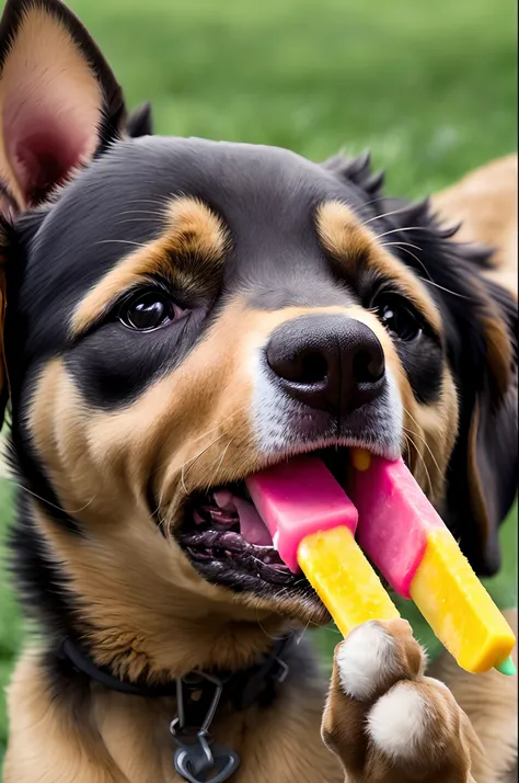 Yellow pinscher dog licking a popsicle.