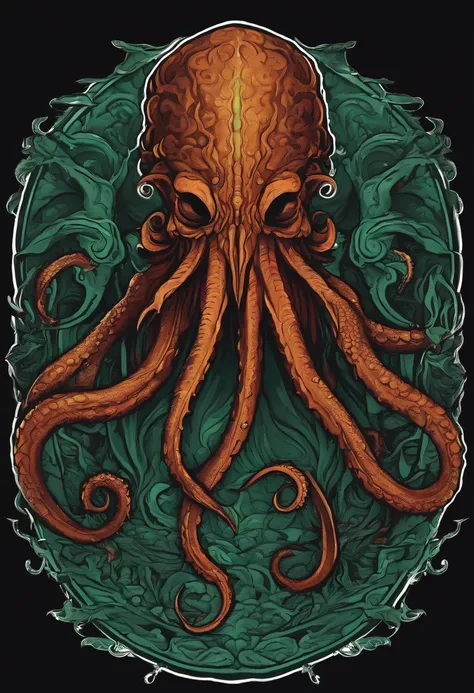 /imagine prompt: Cthulhu illustration for a sticker with a black background, in bold outline style, jagged edges, trashcore, light shading --v 5.2