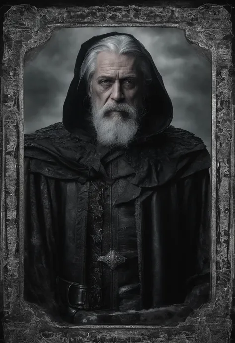 Create an image of an adult man in his 60s, with a gray mustache and long gray hair, wearing a red leather cloak This man looks like a wise and experienced traveler. His hair and mustache are gray, but they are still thick and healthy. His leather cloak is...