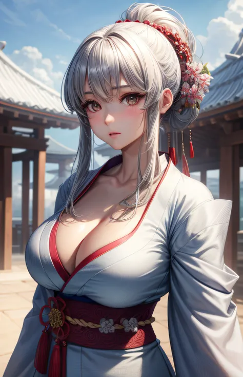 ​masterpiece、high-level image quality、photographrealistic、Upper body only、poneyTail、Big Breast、Large breasts、I can see the cleavage、Brown eyes、shiny silver hair、kimono、astonished face、Upper eyes、The wind is blowing、Raising the right leg、Sakura blizzard