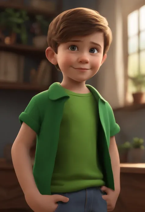 a happy cute kid standing short hair, wering a Green t-shir, fundo branco, barnet, Tom, Estilo Pixar, ....3d, desenhos animados, rosto detalhado, asymmetrical 16k