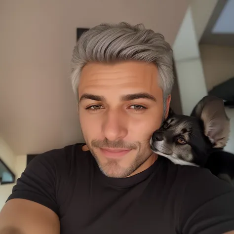 Homem com cabelos grisalhos e um cachorro no colo, selfie of a dog, Selfie de um homem, homem de cabelos grisalhos escuros, Fotografia Selfie 8k, ele tem cabelos grisalhos escuros, Selfie!!!!! de um homem, tirar uma Selfie, gato preto tirando uma Selfie, b...