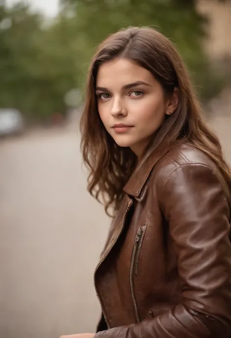 Uma senhor adolescente com cabelos castanhos e olhos castanhos. She is wearing a leather jacket and a brown shirt.