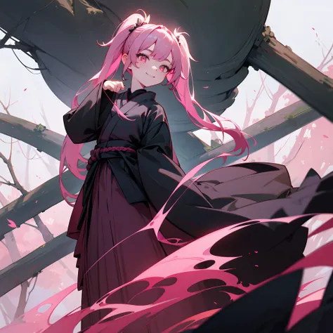 1female, black long pigtails, finely detailed pink eyes,loose ronin clothing, standing on tree, light smile, dark forest