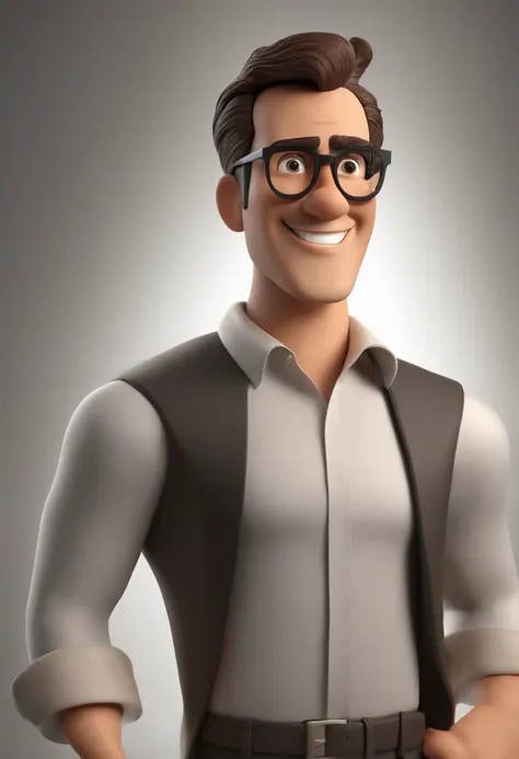 Cartoon character of a man with black oval glasses and a dress shirt, cabelo escuro, rosto fino, sorriso branco homem alegre, pele branca, Brown Eyes Animation Character, Caractere estilizado, animation style rendering, 3D estilizado, Leonardo Garcia, 3 d ...