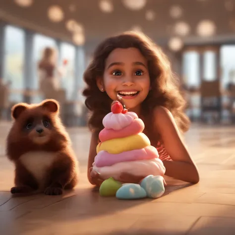 fofo, 可爱, menina preta sorridente no vestido, sitting on the floor, comer sorvete, com doces voando ao seu redor, Corpo Perfeito, Pixar, Disney, Cinema lighting, Jogos, 8k, Magic, amor