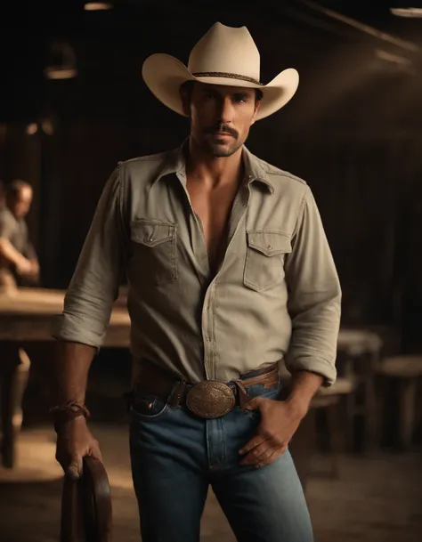 cinematic portrayal, ((parte superior do corpo)), facing the audience, (realidade :1.3), Foto de arte mais bonita do mundo, A man looks at the camera, Looks jeans vintage, Cowboy ocidental, rosto bonito detalhado, action shot, (intrincado :1.4), Fundo ocid...