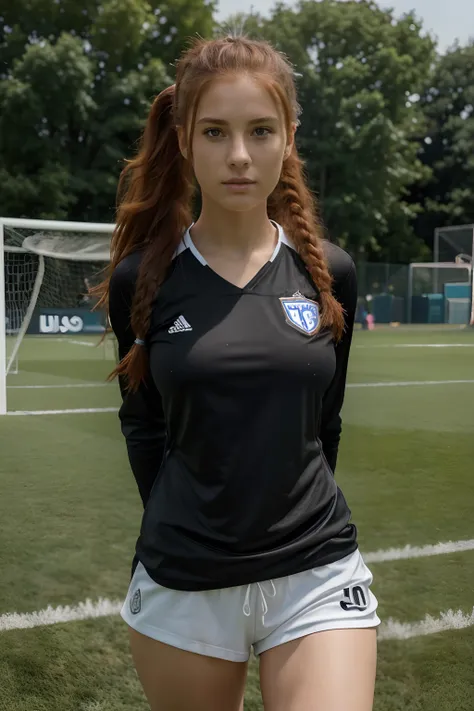 (8k, ultra high res, best quality, high_quality, masterpiece:1.2), realistic, (ultra detailed eyes and face), (ultra detailed beautiful skin), solo, 1 girl, 25 year old woman, soccer player, on soccer field, long red hair in ponytail, medium breasts, weari...