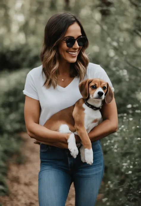 Pixar. Casal com um filhote de cachorro beagle marrom. A menina tem os cabelos loiros amarrados, Camiseta cinza e jeans claro, white glasses. O menino de cabelos pretos com cabelos grisalhos, barba pequena, oculos, Dark blue jeans and gray t-shirt. They ar...