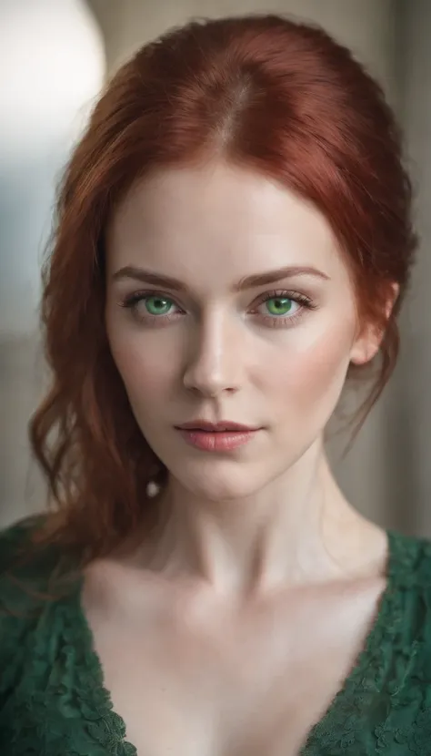 woman with red hair, white skin, green eyes, high detail with every part of her face visible. 35 years old