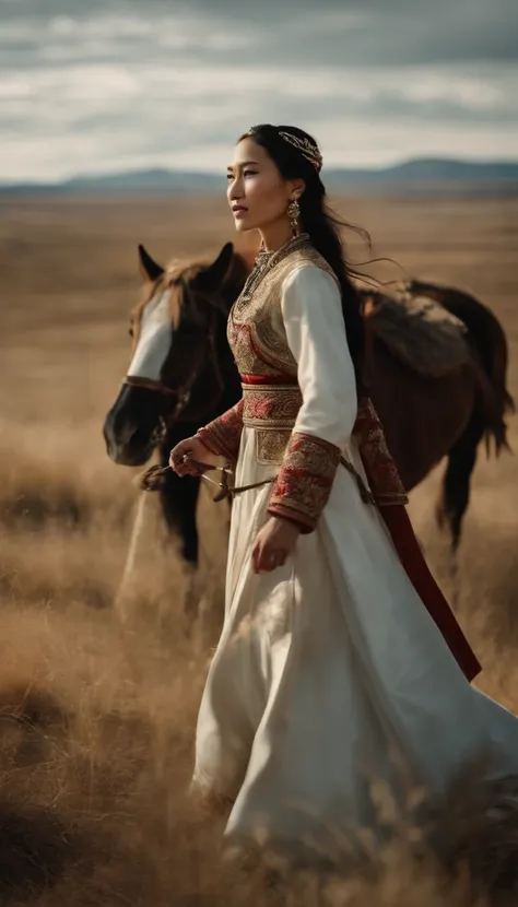 Hyper Realistic Long shot, Khutulun Mongol Princess, marriage to a man, majestic Mongolian landscape, traditional wedding attire, intricate details, historical accuracy, intense emotion, powerful legacy, --ar 16:9 --q 1 --stylize 500