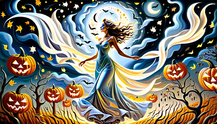 solemn reincarnation Halloween oil painting illustration, slim beautiful goddess descends, around Halloween ghost dancing, dancing in the sky is waving star, reverberate shining moon, Nue indicates birds that sing in the night, grudge scatter of alternativ...