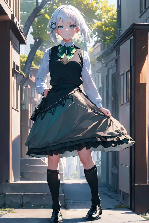 masterpiece, best quality, highres, 1girl white hair blue eyes x hair ornament,(wearing black footwear, kneehighs, green skirt, black socks, loafers, green bow, sweater vest, green ribbon:1.2), standing, leaning forward, (arms behind back:1.2), smile, simp...