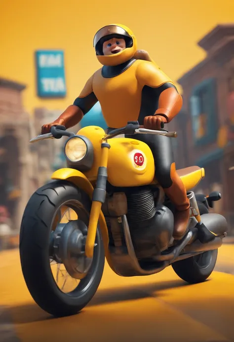 create a 3D Pixar movie poster with a yellow crab and a mozzarella pizza in a scene on a motorcycle like a pizza delivery