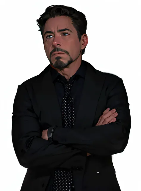 Robert Downey Jr, with his arms crossed and rolling his eyes