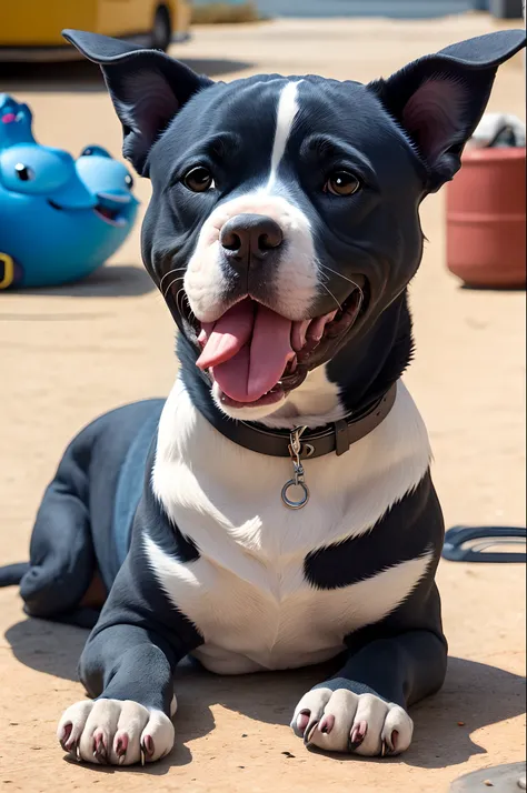 cartoon pitbull blue dog her color is like a black gray hair , with a part of white in her chest, she is a middle age dog with a medium body size and blue eyes. she will be sitting on the ground smiling with her tongue out on a (pixar cartoon environment) ...