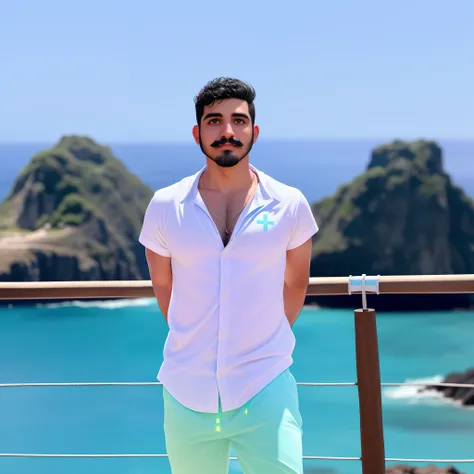 um rapaz de 27 anos de barba e bigode cabelos pretos iluminados de blusa branca e short azul claro, iluminado pela luz frontal do sol, contra o plano de fundo de uma paisagem com dois morros verdes mar variando entre verde e azul e seu com poucas nuvens