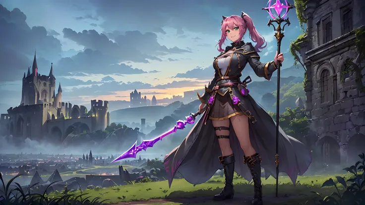 ​masterpiece, 1girl ((20year old, dressed in a sexy MAGE outfit, medium breasts, boots, multicolor pink hair, twin ponytails, perfect model body, detailed green eyes:1.5, flirting, happy, big smile, cosplay as a sexy Mage, holding a magical staff, standing...