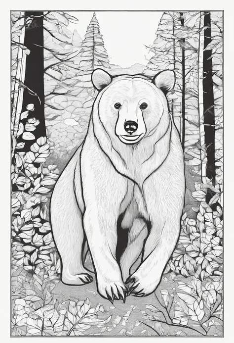 bear in woodland, animal coloring page, kids coloring book, black lines, white background, line art, 2d, realistic