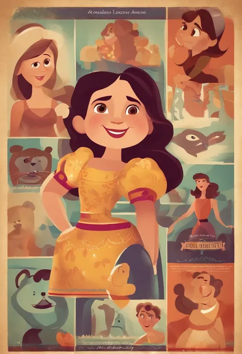 Create a Pixar-style poster Shes a brunette, cabelos cacheados na altura dos ombros, sorridente, usando um vestido e eculos, Reminiscent of animated features. Focus on character expressions, cores vibrantes, e texturas altamente detalhadas