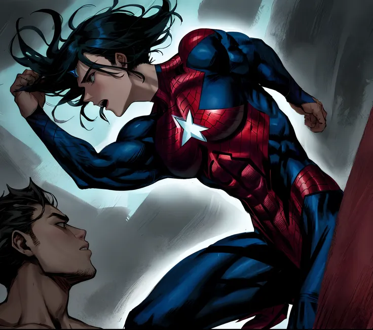 Marvel Comic style, dark hair longer mullet, muscular superhero