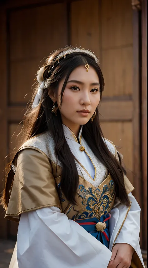 Hyper Realistic Long shot, Khutulun Mongol Princess, marriage to a man, majestic Mongolian landscape, traditional wedding attire, intricate details, historical accuracy, intense emotion, powerful legacy, --ar 16:9 --q 1 --stylize 500