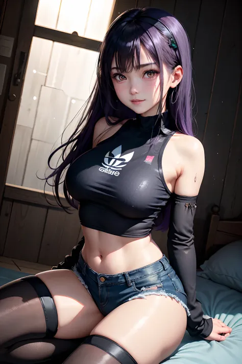 Jersey material is cotton、A slight smil、Transcendent beauty、Dark Gothic Makeup、Sweat glitters on my face、Sweat glitters on my thighs、The whole body is shiny with sweat.、Long hair straight hair、Transcendent cute face、Sit up、a bed、sprawl、Dark black knee-high...