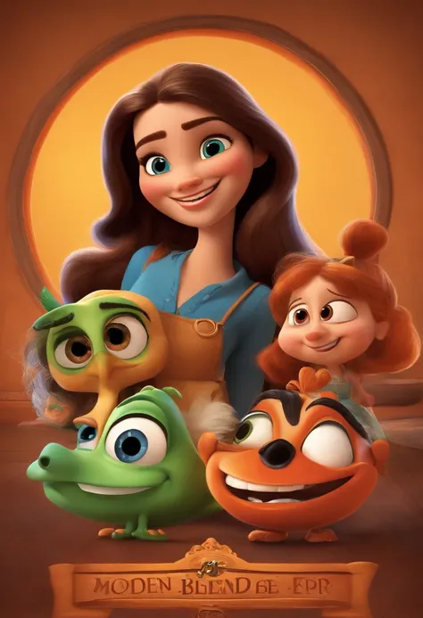 Create a Pixar-style poster Shes a brunette, cabelos cacheados na altura dos ombros, sorridente, usando um vestido e eculos, Reminiscent of animated features. Focus on character expressions, cores vibrantes, e texturas altamente detalhadas