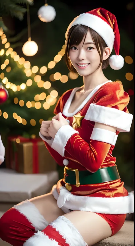 tre anatomically correct,Masterpiece of,High image quality,(Cute Santa Claus costumes:1.5),20 years old, Japan Female, (Random posture:1.4),Professional Lighting,((Shorthair)),((Natural smile)),The ultra-detailliert、High quality textures、intricate detailes...