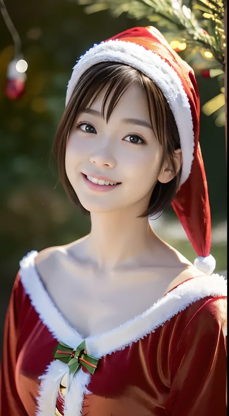 tre anatomically correct,Masterpiece of,High image quality,(Cute Santa Claus costumes:1.5),20 years old, Japan Female, (Random posture:1.4),Professional Lighting,((Shorthair)),((Natural smile)),The ultra-detailliert、High quality textures、intricate detailes...