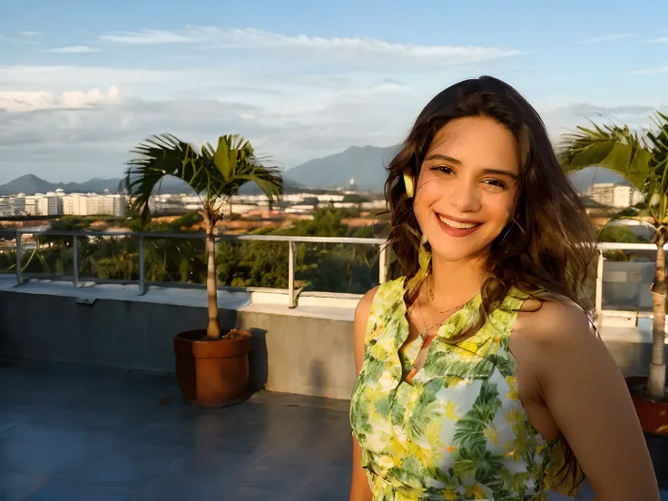 Smiling woman in a green dress standing on a roof with palm trees, by Maria Helena Vieira da Silva, inspirado em Maria Helena Vieira da Silva, Directed by: Willian Murai, Directed by: Felipe Seade, Caroline Gariba, Directed by: Luis Miranda, by Almada Negr...