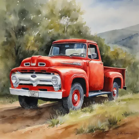 Ford D-20 na cor vemelha, na fazenda, oil-painting, highes definition。