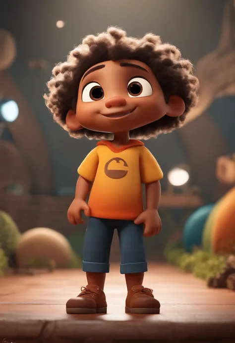 Image of a boy for a story in a YouTube video in Pixar format, Hes the little one, Hes the class leader, Hes outgoing, Playful and gets up for a lot of things, cabelo LISO preto curto, pele mulata, Ao fundo, hes on the scene being his studio ed content cre...