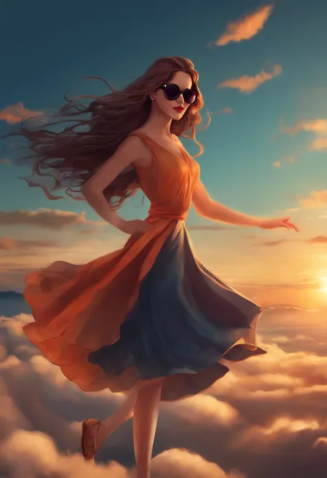 Girl in dress and sunglasses flying, por do sol, estilo anime