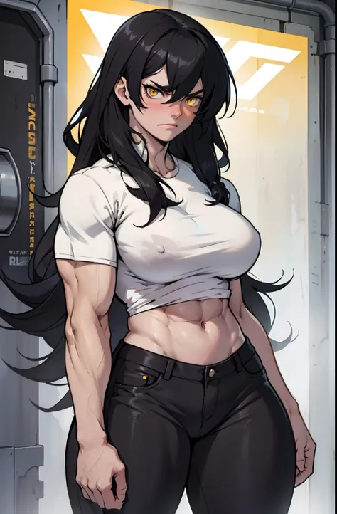 1girl, extremely long hair, solo, ((muscular)), veins, black hair, yellow eyes, blushing, thick thighs, pale skin, strong, veins, abs, big thighs, huge breasts, navel, standing, angry, tight pants, tight shirt