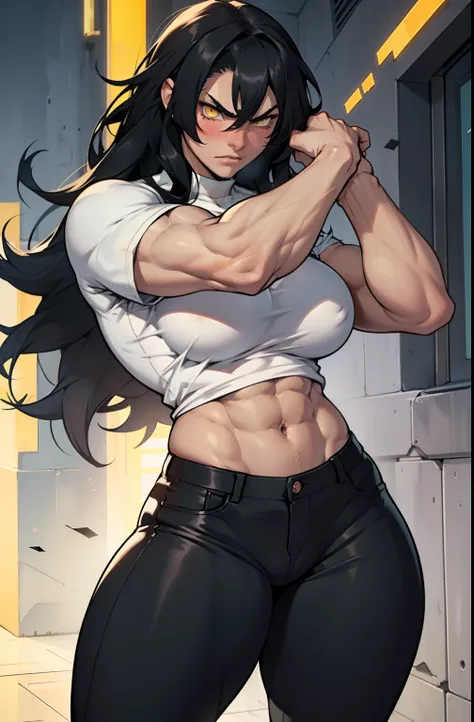 1girl, extremely long hair, solo, ((muscular)), veins, black hair, yellow eyes, blushing, thick thighs, pale skin, strong, veins, abs, big thighs, huge breasts, navel, standing, angry, tight pants, tight shirt