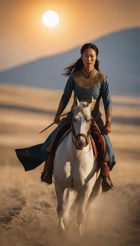 Hyper Realistic Long shot. Khutulun Mongol Princess, powerful and determined, wrestling match, vast Mongolian landscape, sun-kissed, showcasing her unparalleled strength and resilience. --v 5 --ar 16:9 --q 1