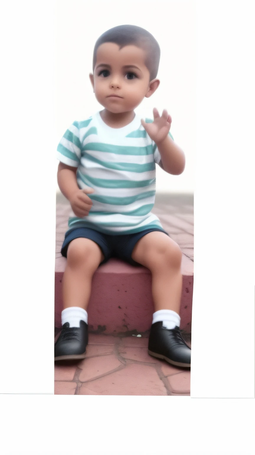 Theres a boy sitting on a sidewalk, estilo disney pixel, alta qualidade, maior qualidade; Has his left hand raised, imagem antiga, He is about 1 year old, cabelos pretos, vestindo camiseta listada verde e branca, short preto, botinha infantil preta, meia b...